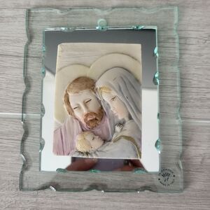 Vintage Capodimonte Holy Family Jesus Glass Wall Plague Decor Religious Catholic